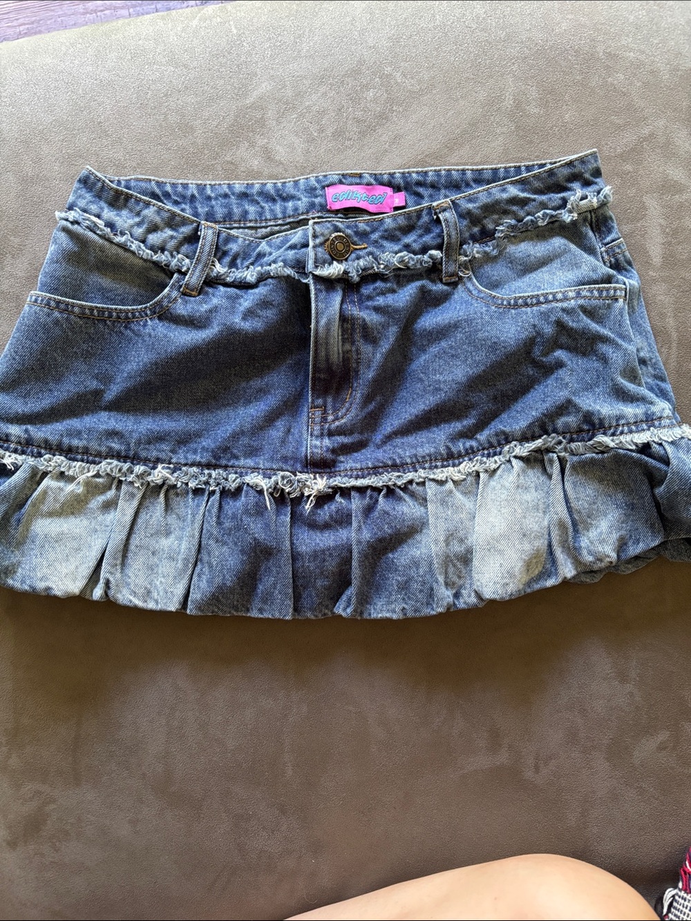 Edikted Blue Denim Ruffle Mini Skirt